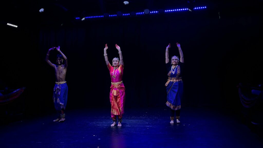 Anika Mehrotra '28 with new dancers Justin Shields '25 and Aashna Pandey '27 during the Tisram Alarippu in the 2025 Rangapravesha Show